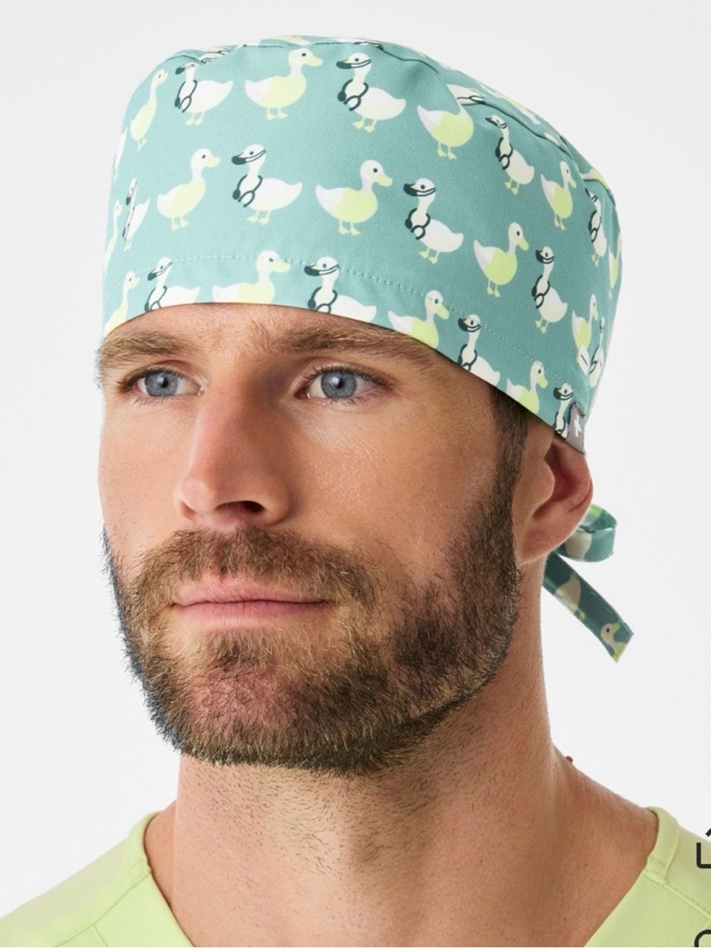Figs Seaglass Ducktor Print Scrub Cap in Light Mint Green Duck Print Modern